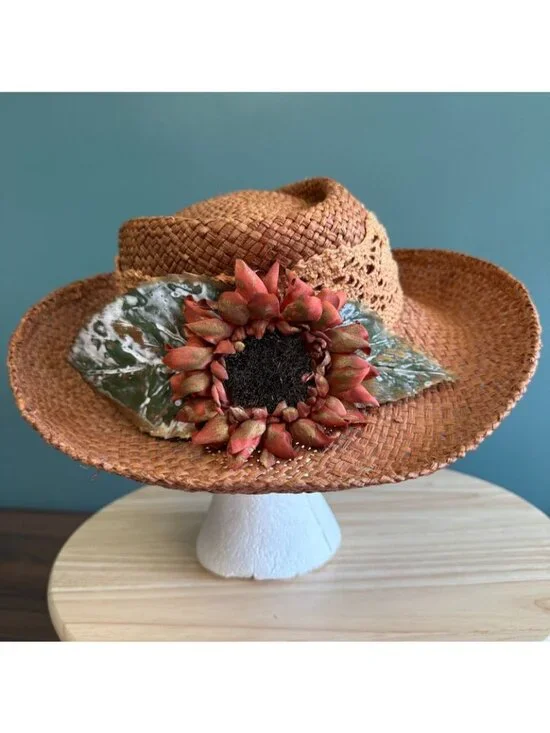 Vintage 1990s Womens Woven Straw Hat W/ Crochet Band & Faux Sunflower 22.5" or L - Picture 8 of 10